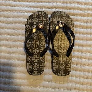 Tory Burch Black and Gray Patterned Flip Flops, Never Worn